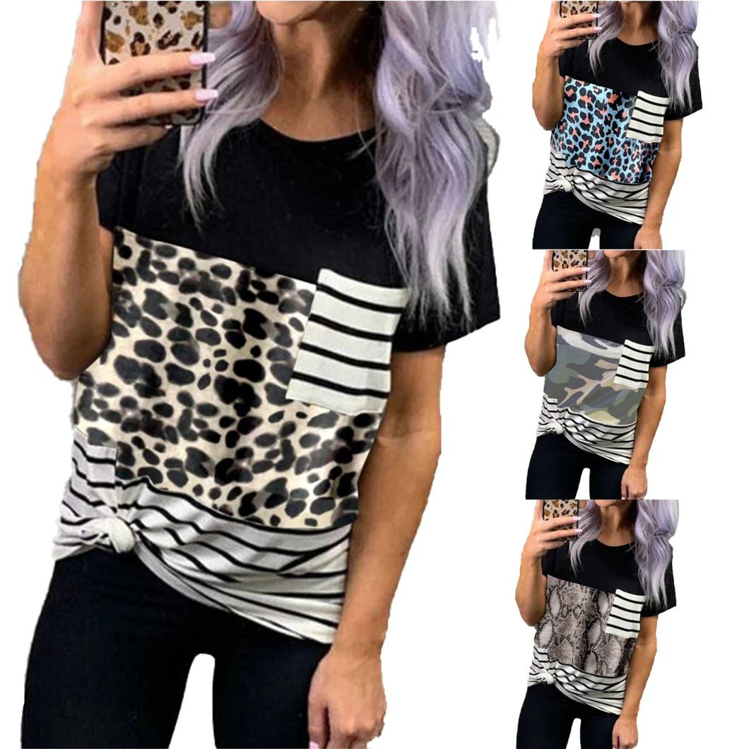 Summer Round Collar Pullover Leopard Patterned Patchwork Shirt Short Sleeve Woman