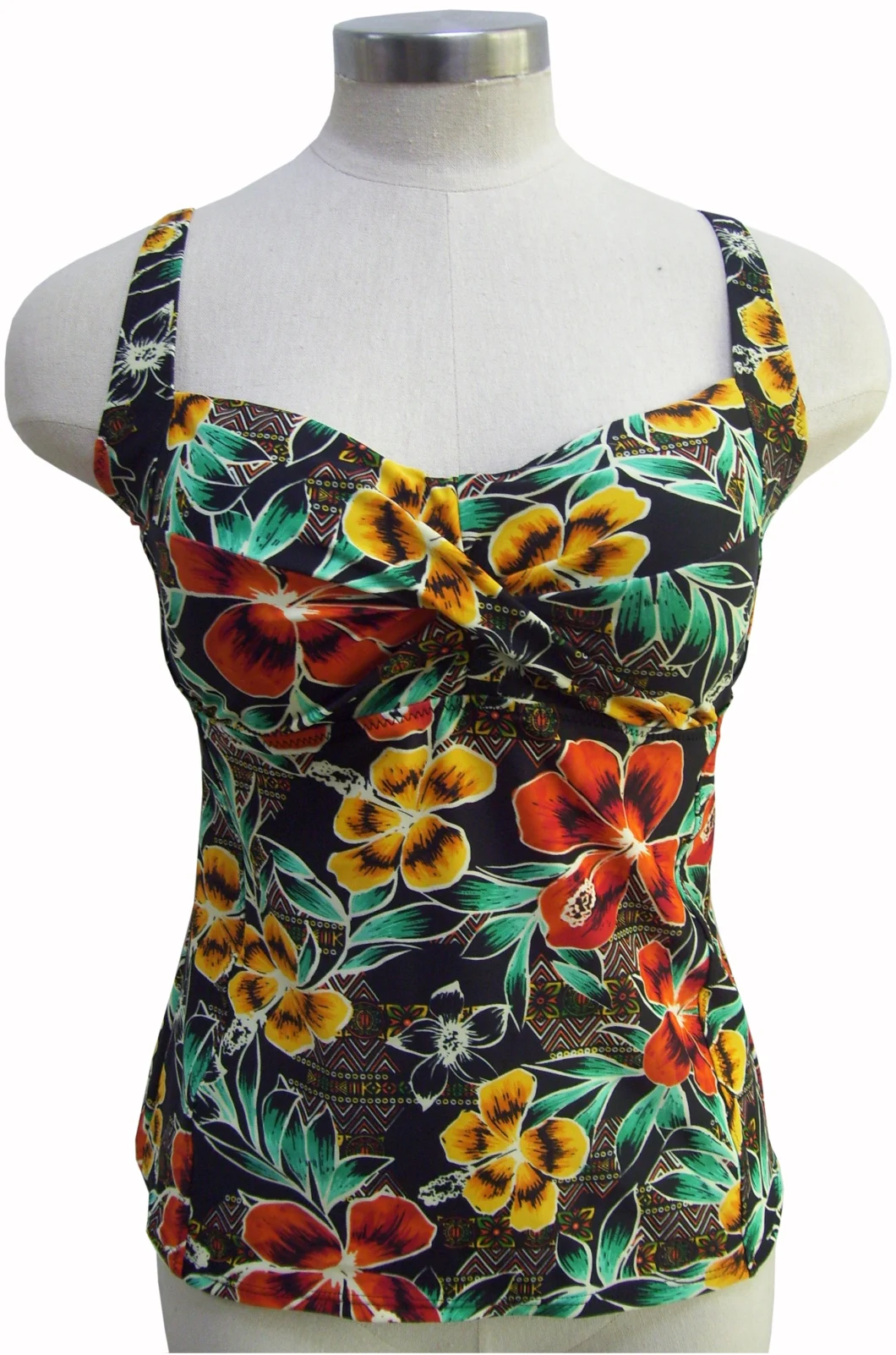 Ladies Two Pieces Swimwear Printed Cross Tankini Top Contrast Printed Belt Bottom Contrast Reversed Waistband Bottom